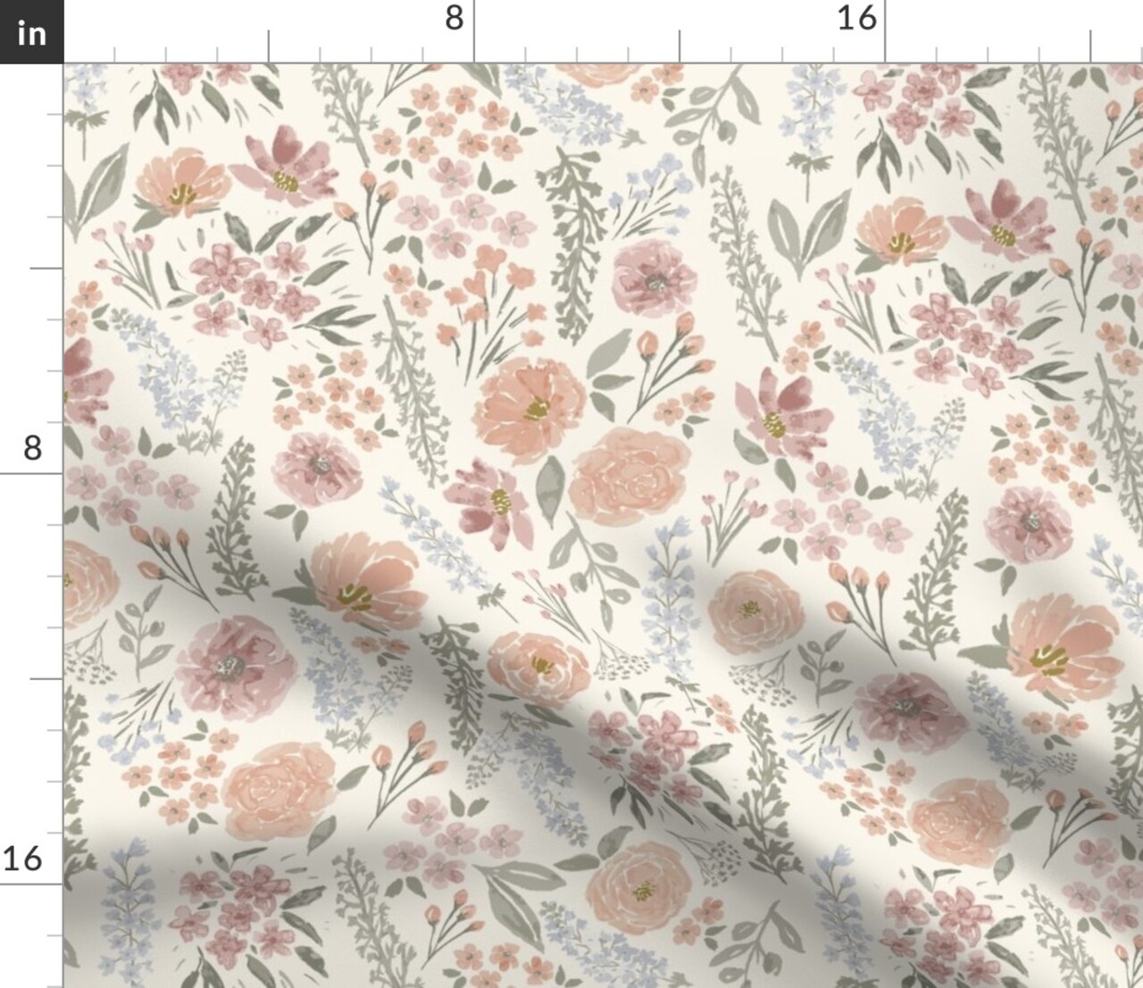 Blush Floral Muted Colors Sage Green Wildflower Meadow Feminine Custom Printed Fabric by Spoonflower Various Fabrics by the Yard or Fat Quarter